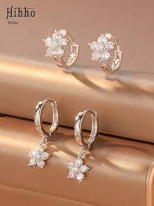 Hihho 4pcs Minimalist Shiny Cubic Zirconia Inlaid Flower Pendant Earrings Set, Luxury Jewelry Gift - Multicolor - View 5
