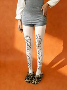 1 Pair Women's Velvet Printed Text Tights, Slim Fit Comfortable Fashionable Sexy Unique, Suitable For Daily Wear, Work Commute And Going Out - Multicolor - View 3