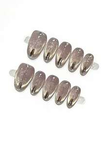 10pcs Pure Handmade Press On Nails Mid-Length Almend Nail Silver Cat Eye Nails Fancy Cute Pain Y2k Gentle Stroble Flash Temperament For Women And Girl,Spring Summer Fall Winter,Holiday And Daily Life Use - Silver - View 2