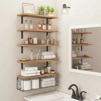 3 estantes flotantes de 3 niveles sobre el inodoro con cesta, estantes de pared de madera rústica de granja de 40 cm para decoración y almacenamiento en baño, cocina, sala de estar y dormitorio
