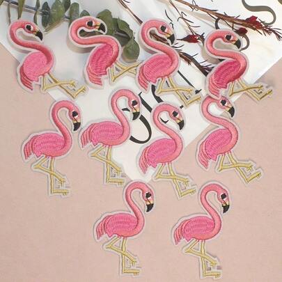 10 Pieces Of Pink Flamingo Embroidery Hot Melt Adhesive Patch, Hot Stamping Embroidery Patch Set, Suitable For DIY Decoration And Repair Patches On Clothing, Hats, Shirts, Shoes, Jeans, Bags, Personalized Sewing Badges, Creative Clothing Design Patches, Daily And Seasonal Use