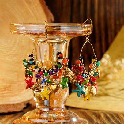 1 คู่ ต่างหูผู้หญิงสไตล์โบฮีเมียน, ประดับด้วยเทอร์ควอยซ์ธรรมชาติ, ต่างหูธีมทะเลพร้อมจี้รูปปลาดาว, ปลา, หัวใจ, เหมาะสำหรับใส่ในชีวิตประจำวัน, วันหยุด, ให้เป็นของขวัญ, ชุบแบบปราศจากนิกเกิล, วัสดุ