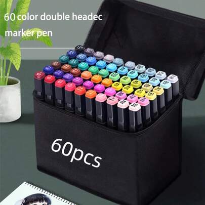 60 Colors Marker Pen Set, Double-Ended Markers (Chisel Tip & Fine Tip), Bleed-Proof, Suitable For Adult Coloring Books, Painting, Calligraphy, Sketching - Professional Art Supplies, Ideal For Comic, Pastel, Watercolor Effects, Coloring Text
