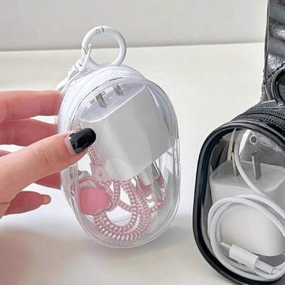 1 Set New Transparent Mini Cable Organizer Box, Portable Travel Cable Storage Case With Keychain Charger, Suitable For Daily Use And Travel