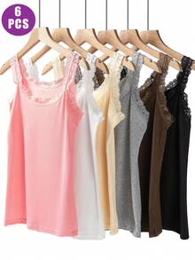 6pcs/Set Women Solid Color Lace Trim Decor Crew Neck Sleeveless Tank Top Vest Camisole - 彩色 - 查看 3