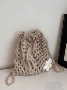 Yogodlns Solid Color Knitting Shoulder Bag Large Capacity Bohemian Crochet Hollow Out Versatile Beach Travel Tote For Women Casual Mesh Drawstring Backpacks - Khaki - View 11
