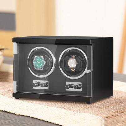 Watch Winder, Dual Watch Winder For Men's And Women's Automatic Watch, With 2 Super Quiet Japanese Mabuchi Motors, Blue LED Light And Adapter, High-Density Board Shell And Black PU