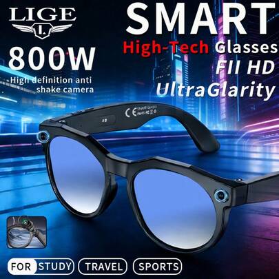 LIGE智能眼镜，具备AI语音唤醒、AI物体识别拍照、AI智能问答、AI智能翻译、高清照片和视频录制（带防抖功能）、蓝牙通话、音乐播放等多功能功能。