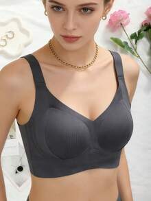 4-Piece Plus Size Bra, Seamless Breathable Wireless Sports Bra For Women - Full Coverage Design, Anti-Slip Material, With Lifting And Support Functions, Comfortable To Wear, Ribbed Details, Made Of Nylon And Elastic Fiber Blend, Hand Wash. Elegant Solid Color Design.Plus Size Lingerie - 彩色 - 查看 2