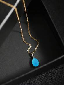 1pc Women's Jelly Blue Waterdrop Zirconia Pendant Necklace - Yellow Gold - View 7