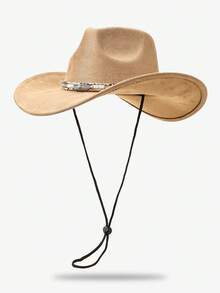 1pc Unisex Metal Leaf Cowboy Hat, Faux Felt Cowboy Hat, American Soft Felt Hat, Outdoor Wide Brim Cowboy Hat With Strap - Top Hat - View 3