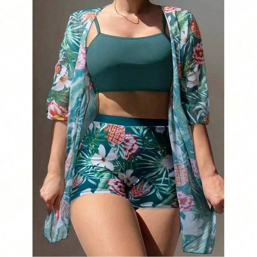 [Fashion Tankini] Floral Fashion Tankini Split Swimsuit For Women | European And American Style, Covering The Belly To Show Off Thinness - 青碧色 - 查看 1