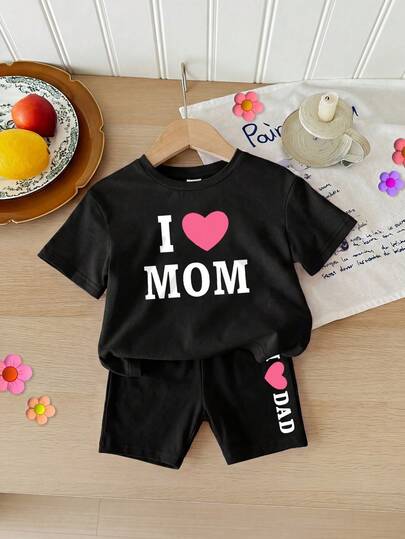 2件套女童“我爱爸爸妈妈”短袖T恤和短裤套装，休闲夏季服装