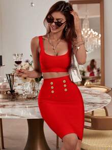 Christmas Women's Fashionable Elegant Spaghetti Strap Short Tight-Fitting Embellished 2-Piece Dress Set, Summer Outfit With Top And Mini Skirt, Bandage Cocktail Party Evening Dress, Sexy Attire - Red - View 2