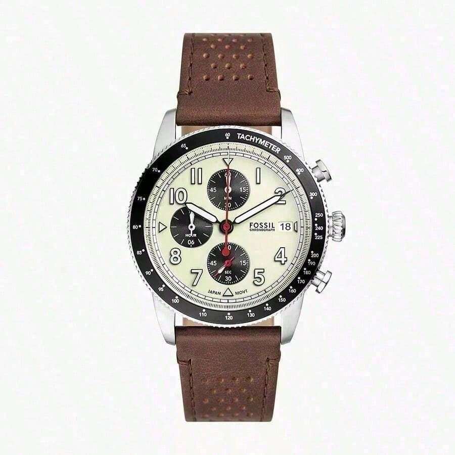Fossil Men's Three-Hand Quartz Watch, Genuine Leather Strap, Stainless Steel Case, Transparent Glass Crystal FS6042 - Brown - View 1