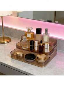 3-Tier Stepped Polished Plastic Cosmetic Storage Box - Lightweight & Portable, Independent Display Rack, Suitable For Vanity, Desk, Kitchen And Bathroom - Portable Storage Solution, Makeup Organizer - مشاهدة 1
