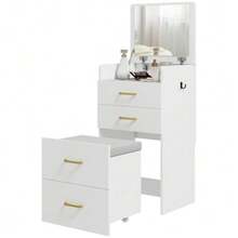 3-In-1-Schminktisch Mit Spiegel, Nachttisch, Rollhocker, Schubladen, White - White - View 5