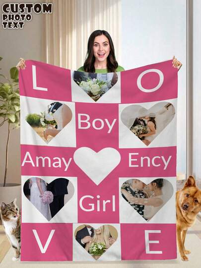 1pc Customized Pink Heart Shaped Flannel Blanket With Picture And Text, Personalized Decoration Blanket For Sofa, Living Room, Bedroom, Suitable For All Seasons, Great Gift For Friends, Family And Weddings