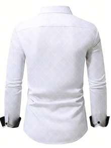 Camisa de manga larga con diseño de botones multicolor, patrón de diamantes en relieve y bloques de color para hombre - Blanco - Ver 4