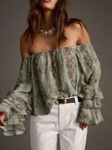 Blusa con estampado de piel de serpiente vintage, hombros descubiertos, mangas con volantes en capas, de tela de poliéster, bajo con volantes, adecuada para vacaciones de primavera y otoño - Verde claro - Ver 9