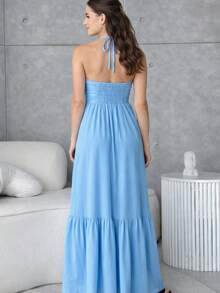 Long Strapless Yellow Dress With V-Neck Tie, Elegant And Cool For Summer Style. - Baby Blue - View 3