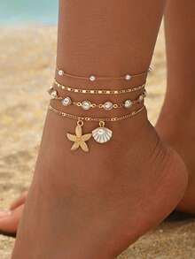 4pcs/Set Classic Elegant Faux Pearl Handmade Chain Anklet, Gold Starfish & Shell Pendant, Multi-Layer Wear For Women, Suitable For Daily, Beach, Travel, Date, Photo Shoot. Chain Length Customizable - Multicolor - View 1