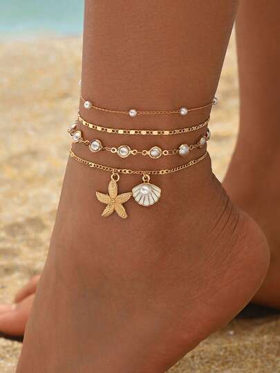 4pcs/Set Classic Elegant Faux Pearl Handmade Chain Anklet, Gold Starfish & Shell Pendant, Multi-Layer Wear For Women, Suitable For Daily, Beach, Travel, Date, Photo Shoot. Chain Length Customizable