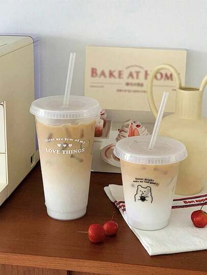 1pc 700ml/450ml PP Material Coffee Cup, Portable Cartoon Straw Cup, Iced Americano Cup, Couple Water Bottle