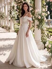 HEARBOBO Elegant Satin Off-Shoulder Contrast Sequin White Formal Evening Gown, A-Line Bridal Wedding Dress With Train - White - View 6