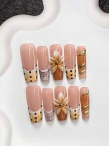 10pcs French Polka Dot Style Nail Art Set, Acrylic Nail Press-On, Hand-Painted Golden Wavy Pattern, Brown & White Striped, Black Polka Dots, Pinched 5-Petal Gradient Light Brown Flower, Includes Nail Tools (1 Jelly Sticker + 1 Nail File), 3 Sizes Available: Almond, Duck Mouth, Coffin Press On Nails - Nhiều màu - Xem 4