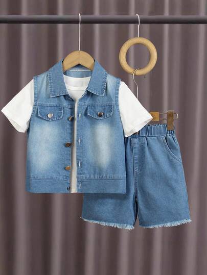 3pcs Young BoyCasual Denim Outfit, Including Vintage Blue Vest, White Short Sleeve T-Shirt, And Blue Shorts