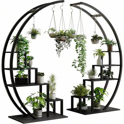 Beaully 5-Tier Indoor Outdoor Curved Metal Plant Stand With 6 Hooks, 2-Piece Set Half-Moon Flower Shelf, Heavy-Duty Steel & MDF Plant Rack For Garden, Balcony, Living Room Corner Display
