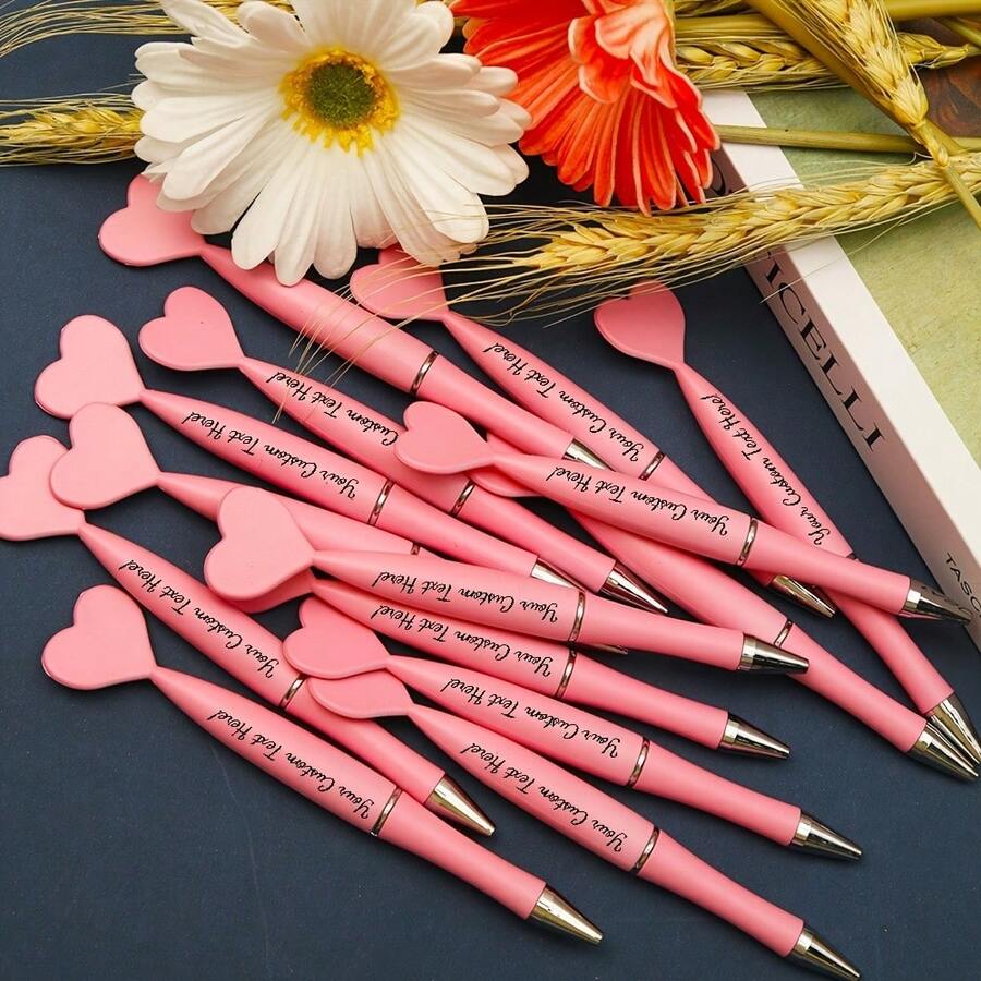 50pcs Customized Engraved Pink Heart-Shaped Ballpoint Pens - Personalized Text/Name, Elegant Brown Design, Bulk Wedding Favors, Party Supplies, Durable High-Quality Signature Pens - Sets - View 1