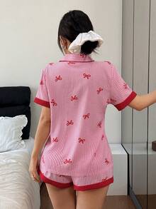 Dreamivo 女士睡衣套装，条纹短袖翻领上衣带口袋和蝴蝶结短裤，适合所有季节作为女士睡衣和家居服穿着。 - 粉色 - 查看 2