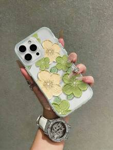 Flower 1pc Green Floral Print 2-In-1 Shockproof Soft Phone Case Compatible With Apple 17/17Pro/17ProMax/16/16Pro/16ProMax/15/15Pro/15ProMax/14/13/12/11 - Green - View 4