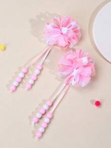 2个粉白绒球流苏发夹，适合女孩佩戴，粉白罗缎绒球鳄鱼夹，可爱甜美串珠流苏绣球花发夹，婚礼度假节日礼物，青少年发饰 - 粉色 - 查看 3