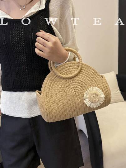 low tea 1个低茶色纯色编织手提包，女士复古时尚编织托特包，顶部提手设计，敞口闭合，适合旅行、购物、约会、女士礼物，也适合通勤、户外活动、旅行、徒步。