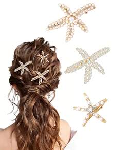 3个优雅水晶珍珠海星发夹，多功能水钻金属鸭嘴夹刘海发夹，适合日常和海滩度假使用 - 彩色 - 查看 1