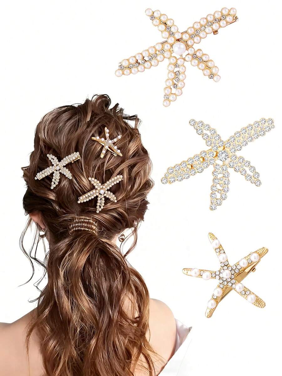 3个优雅水晶珍珠海星发夹，多功能水钻金属鸭嘴夹刘海发夹，适合日常和海滩度假使用 - 彩色 - 查看 1