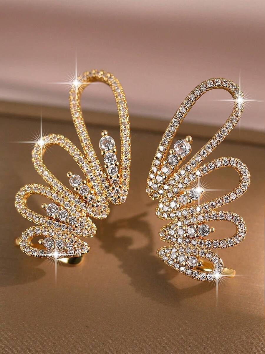 1pair Elegant Butterfly Wings Gold Plated Stud Earrings Fashion Cubic Zirconia Charm Earring For Women Birthday Wedding Copper Jewelry Decoration - Wing - View 1