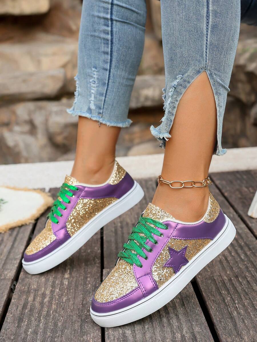 Women's Gold Sequin Patchwork Leather Round Toe Lace-Up Thick Sole Low-Top Multifunctional Fashion Casual Sneakers, Rubber Sole Waterproof Anti-Slip Durable Lightweight Flat Shoes, Spring/Autumn New Versatile Daily Casual Shoes - Purple Gold - View 1
