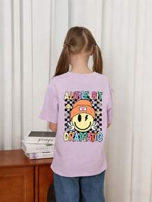 Tween 女童休闲图案印花圆领短袖 T 恤，夏季上衣 - 紫色 - 查看 2