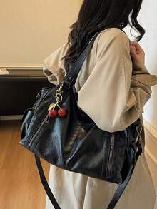 This Is A Fashionable And Versatile Shoulder Bag, A Multi-Functional Commuter Solid Color Large Capacity Vintage PU Material Shoulder Bag/Handbag, With Zipper Opening, Decorated With A Cherry Pendant, Women's Shoulder Bag, With Dual Handles Design, Very Suitable For Shopping, Travel, Going Out And Various Occasions. , Office Bag - 黑色 - 查看 6