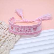 1pc Embroidered "MAMA" Heart Boho Tassel Braided Bracelet - Baby Pink - View 2