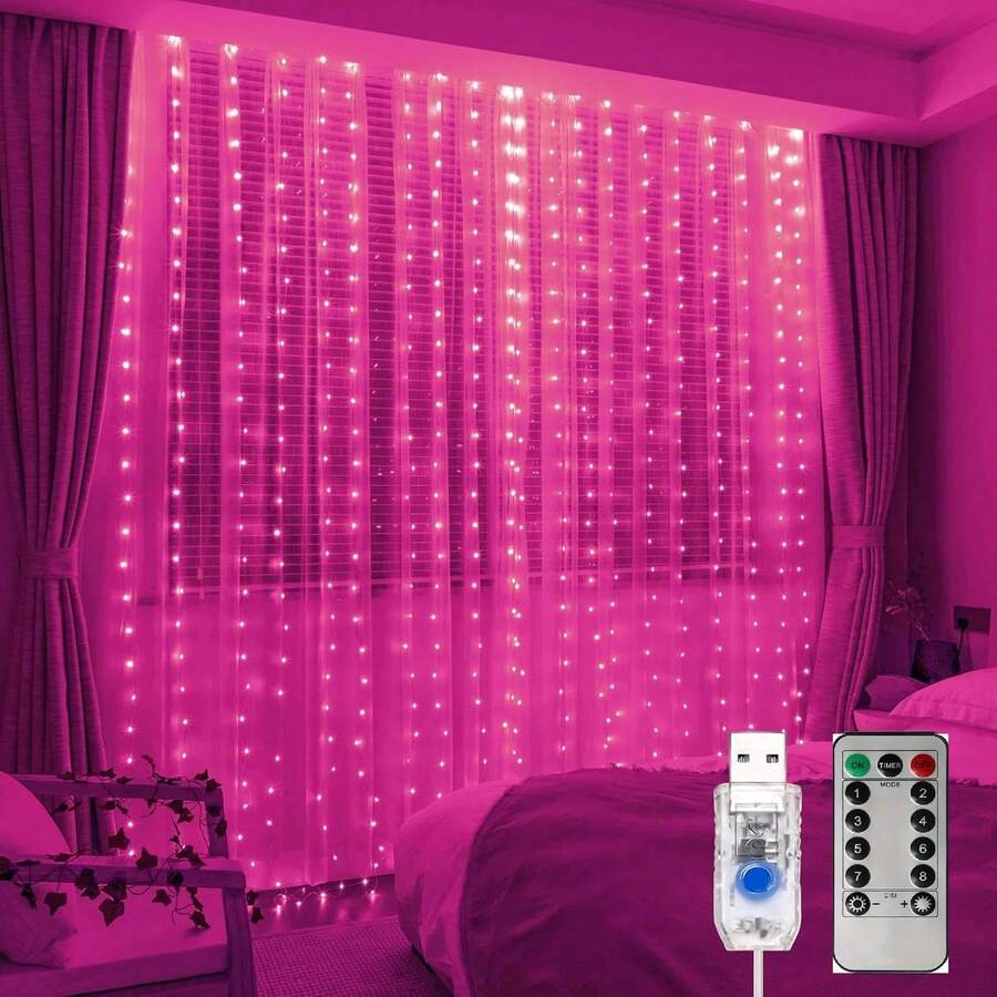 1 Stück 100/200/300/600 LED Lichterkette mit Fernbedienung und USB-Stromversorgung - dimmbare Vorhangbeleuchtung für Fenster, Wände, Partys, Hochzeiten, Weihnachten, Valentinstag (geeignet für Fenster, Schlafzimmer, Bars) - USB-Vorhanglicht - Übersicht 1