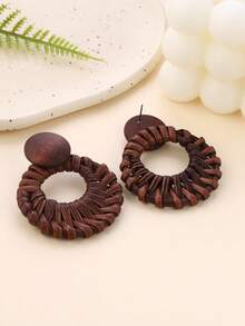一对手工天然藤条镂空圆形耳环，简约艺术设计，适合旅行、度假、派对、下午茶、音乐节和日常佩戴。 - 咖啡棕 - 查看 7
