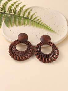 一对手工天然藤条镂空圆形耳环，简约艺术设计，适合旅行、度假、派对、下午茶、音乐节和日常佩戴。 - 咖啡棕 - 查看 3