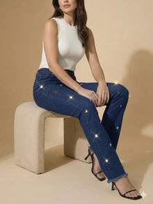 pthirillo Women's Dark Blue Flare Jeans With Butt-Lifting, High Waist, And Rhinestone Detail - Premium Rhinestone Jeans - 彩色水鑽 - 查看 3