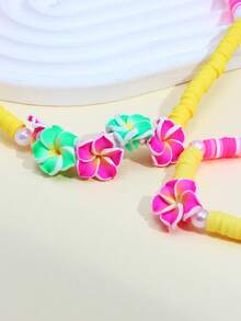 2pcs/Set Soft Ceramic Flower & Pearl Necklace Bracelet Beaded Jewelry Set, Suitable For Girls Summer Holiday Wear, Birthday Gift - Multicolor - View 4