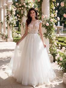 HEARBOBO 秋季波西米亚风白色3D立体花卉蕾丝贵族教堂头纱A字优雅白色新娘婚纱 - 白色 - 查看 5